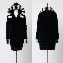 Load image into Gallery viewer, Fur Story FS18134 Women's Genuine Rabbit Fur Coat Women Chinchilla Color Trim Hood and Cuffs Overcoat