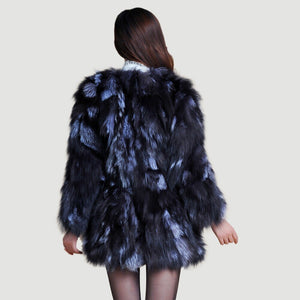 Real Silver Fox Fur Coat Women's  Overcoat  Full Sleeve Supper Thick Plus Size 13053