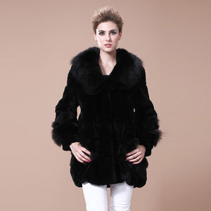 Coats for Women REX Rabbit Fur Coat Fox Fur Collar Jacket Overcoat 010105