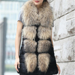 Real Fur Guarantee Women's Rabbit Fur Vest with Big Raccoon Collar Natural Fur Waistcoat Fur Story FS15274