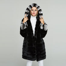 Load image into Gallery viewer, Fur Story FS18134 Women's Genuine Rabbit Fur Coat Women Chinchilla Color Trim Hood and Cuffs Overcoat