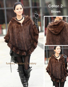 FUR STORY Women's Knitted Mink Fur Shawl Real Fur Scarf Natural Mink Poncho Coat 070304