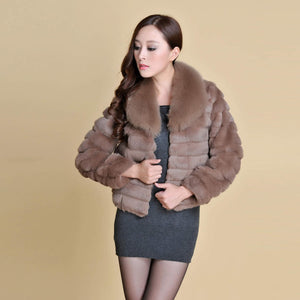 Real Rabbit Fur Coat Fox Fur Collar and Cuff Jacket Overcoat Womens' Garment Winter Coat FS13074