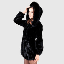 Load image into Gallery viewer, Long Winter Outwear Natural Rex Rabbit Fur Overcoat with Fox Fur Trim Hood