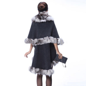 Real Fox Fur & Wool Coat Jacket Shawl Stole Poncho Fox Fur Collar 5 Color Fur Story FS070210