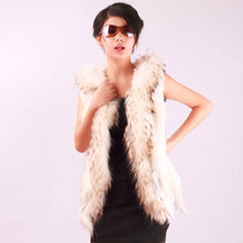 Load image into Gallery viewer, Women&#39;s Short Real Rabbit Fur Vest with Fur Hood Raccoon Fur Hood Trim and Placket Hand Knitted