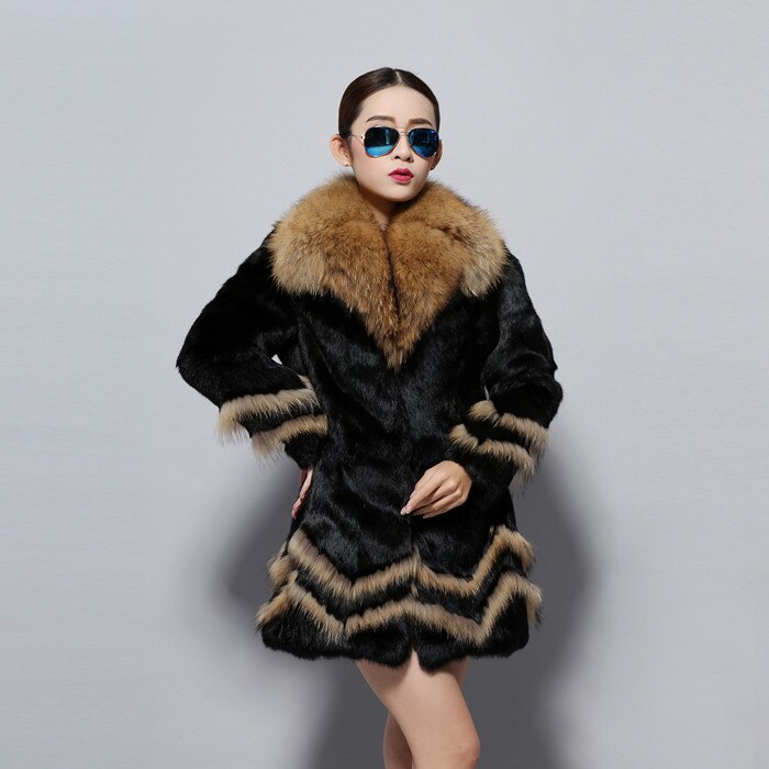 Natural Rabbit Fur Coat Supper Big Raccoon Fur Collar Women Overcoat Winter Outwear