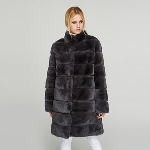 Women's Genuine Rabbit Fur Coat  Stand-up Collar Winter Overcoat Detachable 18136