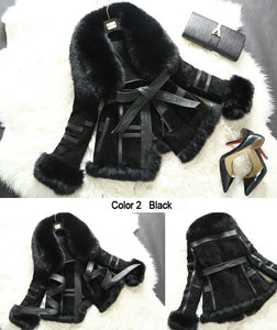 Genuine Leather Coat Full Pelt Fox Fur Collar Collar and Sleeve Cuff Jacket