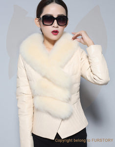 Genuine Sheep Leather Down Jacket Fox Fur Collar Thick Jacket Winter Overcoat