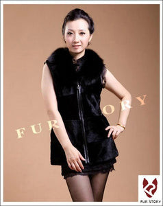 Natural Rabbit Fur Vest Fox Fur Collar Waistcoat Coat Jacket