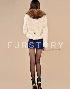 Rabbit Fur Coat Women's with Big Raccoon Fur Collar Real Natural Fur Coats Female