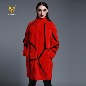 Women's Natural Fur Coat Contrast Color Real Rex Rabbit Fur Coats  161212