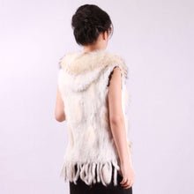 Load image into Gallery viewer, Women&#39;s Short Real Rabbit Fur Vest with Fur Hood Raccoon Fur Hood Trim and Placket Hand Knitted