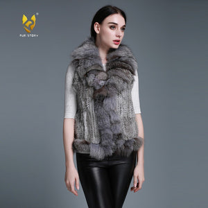 Natural Rabbit Fur Vest Big Fox Fur Collar Jacket Coat