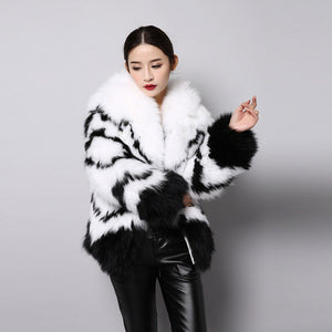 Women's Natural Fur Jacket with Big Hoodie Black Pattern Real Fox Fur Coat  151261