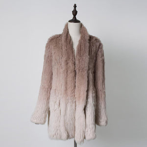 Women's Knit Real Rabbit Fur Coat Slit Jacket Winter Warm Coat Gradient 17140