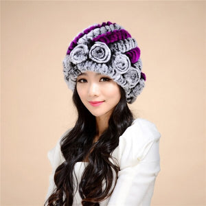 Women's Winter Hat Knitted Real REX Rabbit Fur Hat Top Quality Beanie Hat 14602