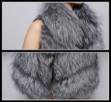 Load image into Gallery viewer, Women&#39;s Silver Fox Fur Vest with Genuine Lamb Leather with Real Fox Fur Collar Long Jacket