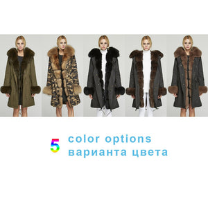 Fur Story FS18113 Women's Windproof Long Parka Detachable Rabbit Fur Lining Big Hood Jacket Fur Cuffs and Placket