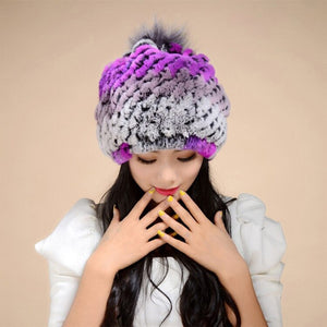 Real Rex Rabbit Fur Hat Double-use Scarf  Cap Fox Fur Decoration Pompom 14604