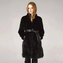 Load image into Gallery viewer, Natural Rabbit Fur Overcoats with Fox Fur Overcoat Belt Slim Winter Coat