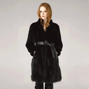 Natural Rabbit Fur Overcoats with Fox Fur Overcoat Belt Slim Winter Coat