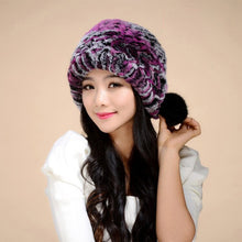 Load image into Gallery viewer, Women&#39;s Tight Knitted Real REX Rabbit Fur Hat Beanie Fur Fox Fur Pompom 14605