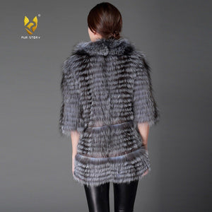 Women's Genuine Fox Fur Coat Raccoon Collar Slim Belt Short Sleeve Fur Coats  151167