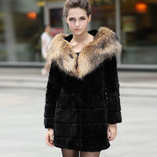 Load image into Gallery viewer, Women&#39;s  Real REX Rabbit Fur Coat with Hood Big Raccoon Fur Collar Jacket 010169