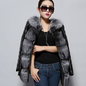Genuine Sheep Leather Down Jacket Fox Fur Collar Luxury Thick Fur Jacket Winter Overcoat 14153