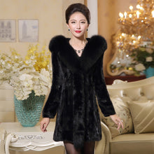 Load image into Gallery viewer, Women&#39;s Genuine Mink Fur Coat Women with Big Fox Fur Hood and Placket 16155