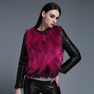 Winter Women's Raccoon fur Jacket with Genuine Sheep leather Sleeve 151220