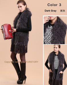 Natural Knitted Rabbit Fur Vestmongolian Lamb Fur Collar Long Vest