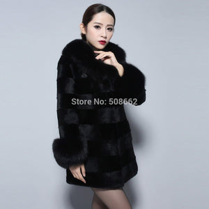 Natural Rabbit Fur Coat Fox Fur Collar Sleeve Cuff Jacket Winter Long Overcoat