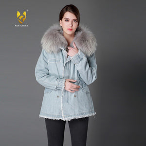 Women Winter Real Fox Fur Lining Jacket Big Raccoon Fur Hoodie Cotton Coat 161189