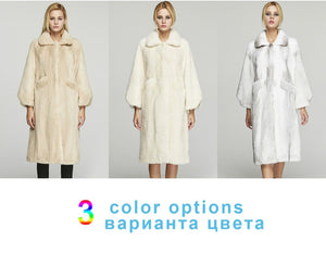 Fur Story FS18117 Women's Genuine Rabbit Fur Long Coat Turn-down Collar Women Jacket Belt Overcoat