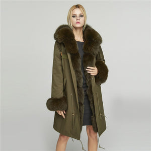 Fur Story FS18113 Women's Genuine Rabbit Fur Lining Big Hood Jacket Fur Cuffs and Placket Women Parka