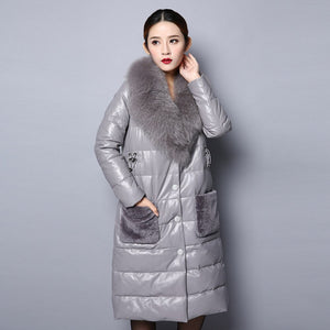 Genuine Leather Down Coat for Women with Big Fox Fur Collar Jacket 151243