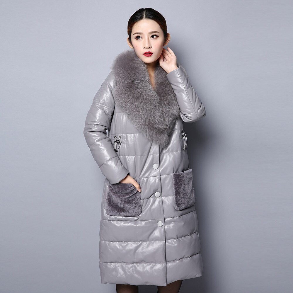 Genuine Leather Down Coat for Women with Big Fox Fur Collar Jacket 151243