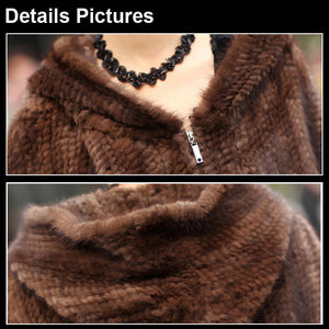 FUR STORY Women's Knitted Mink Fur Shawl Real Fur Scarf Natural Mink Poncho Coat 070304