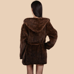 Women's Genuine Knitted Mink Fur Coat Hooded with Belt Long Real Fur Coat 15180