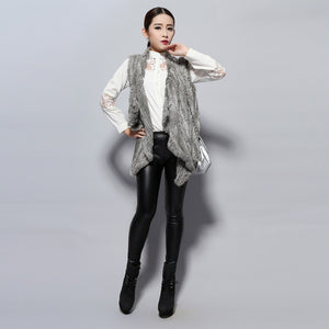 Women's Knitted Real Rabbit Fur Vest Europe Latest Style Long Vest Waistcoat Jacket