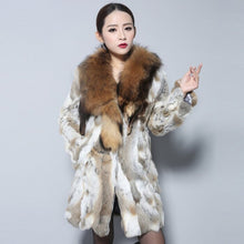 Load image into Gallery viewer, Women&#39;s Real Rabbit Fur Coat Luxury Raccoon Fur Collar Long Overcoat 010112