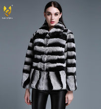 Load image into Gallery viewer, Women&#39;s Genuine Rabbit Fur Coat with Big Turn Down Collar Chinchilla Color 15190