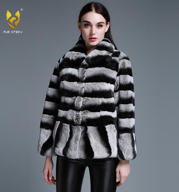 Women's Genuine Rabbit Fur Coat with Big Turn Down Collar Chinchilla Color 15190