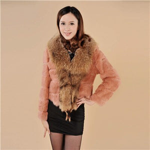 Rabbit Fur Coat Women's with Big Raccoon Fur Collar Real Natural Fur Coats Female