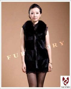 Natural Rabbit Fur Vest Fox Fur Collar Waistcoat Coat Jacket