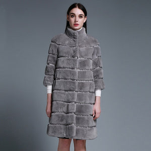 Natural Rex Rabbit Coat Women Grace Long Overcoat Jacket Winter Outerwear