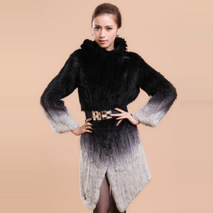 Real Knitted Rabbit Fur Long Coat Two-wear Trench Coat Gradient Color Pattern Overcoat Winter' Dress Furstory FS13067